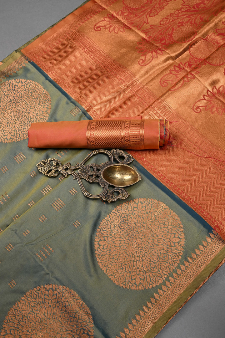 Green-Mustard Dual tone Kanchi Semi Silk Saree with Zari Buttas and Mandala Motifs on Zari Border | SHOBITAM