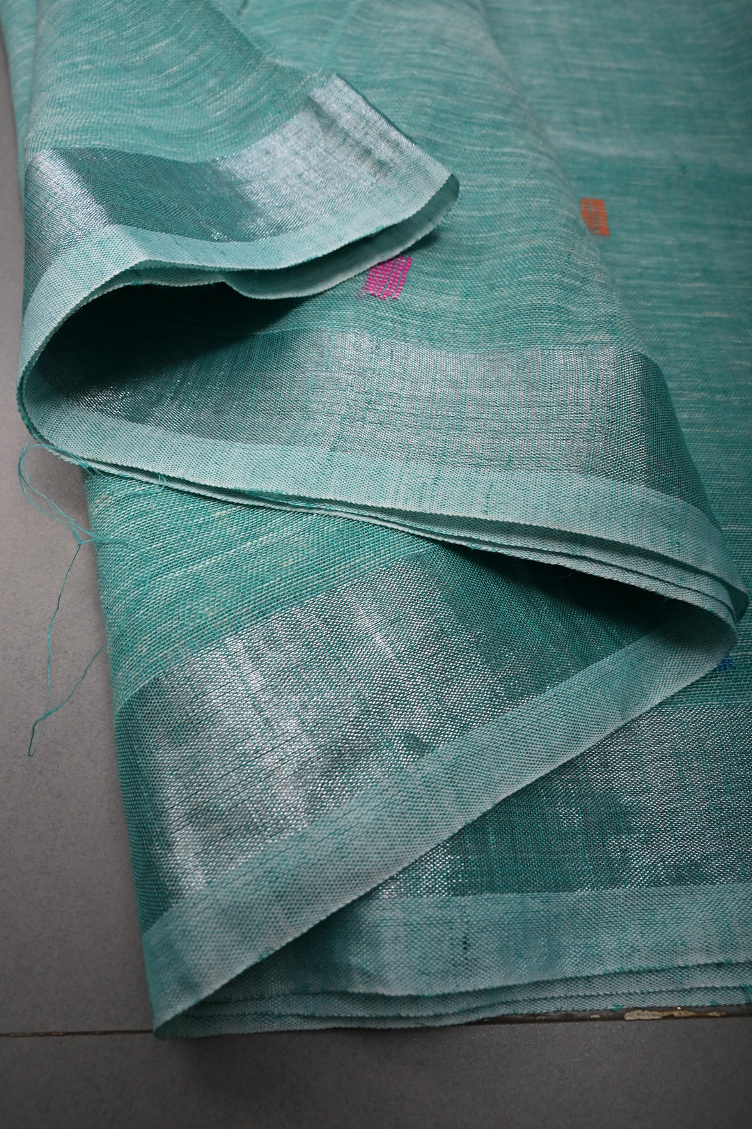 Sea Green Handloom Linen Saree with Woven Tree of Life Bird Motif Pallu | SHOBITAM