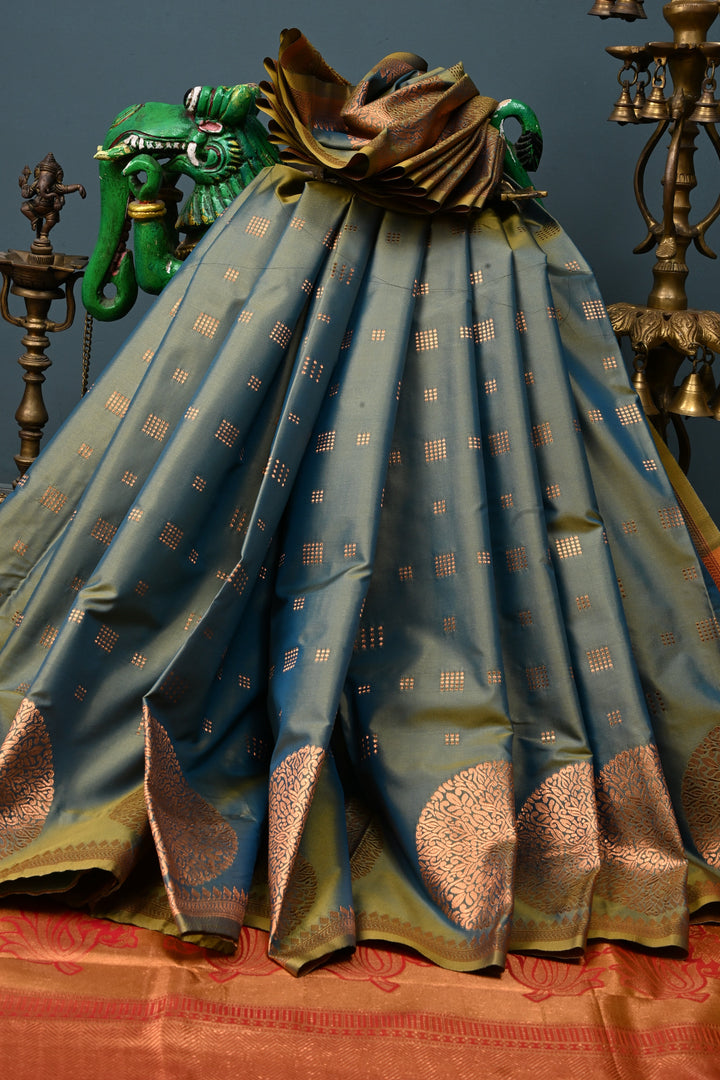 Green-Mustard Dual tone Kanchi Semi Silk Saree with Zari Buttas and Mandala Motifs on Zari Border | SHOBITAM