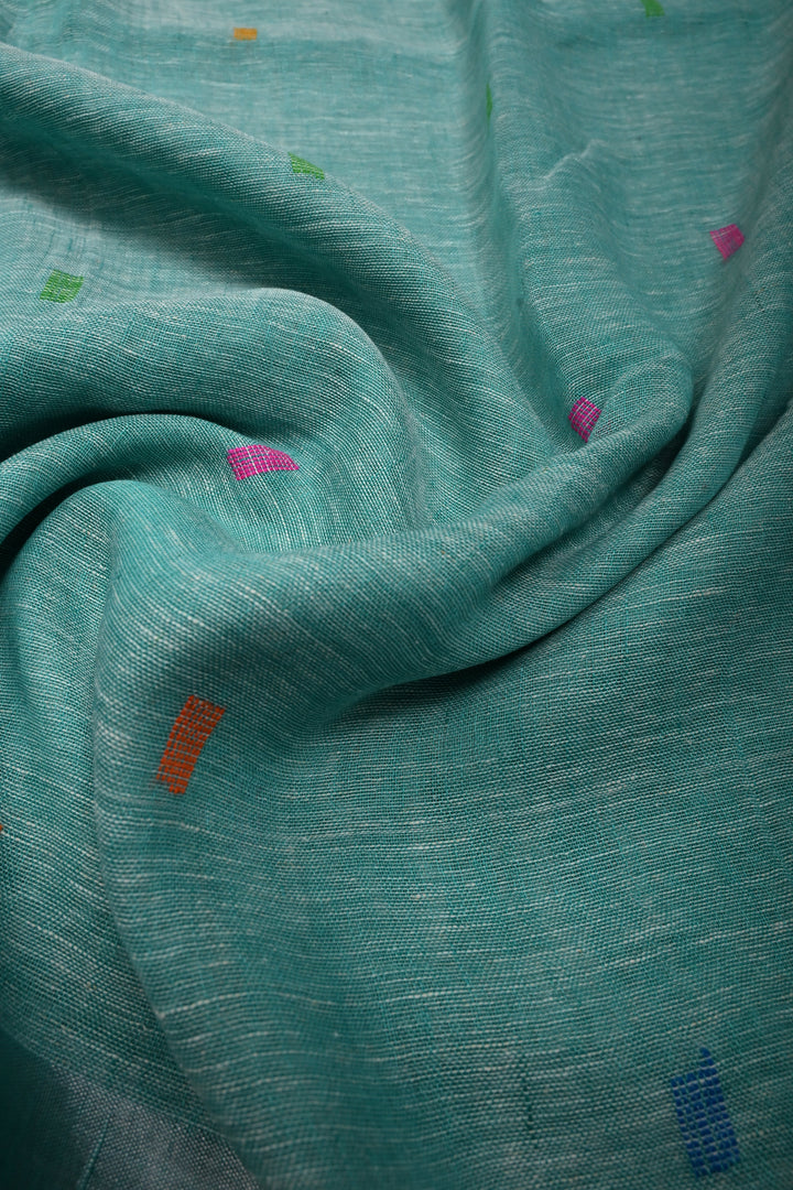 Sea Green Handloom Linen Saree with Woven Tree of Life Bird Motif Pallu | SHOBITAM