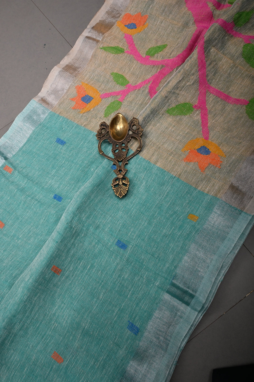 Sea Green Handloom Linen Saree with Woven Tree of Life Bird Motif Pallu | SHOBITAM