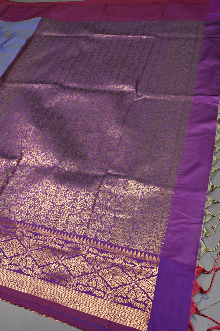 Blue Dual tone Kanchi Semi Silk Saree with Zari Buttas and Contrast Zari Border | SHOBITAM