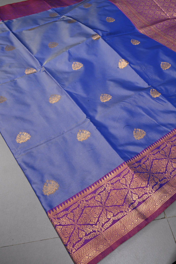 Blue Dual tone Kanchi Semi Silk Saree with Zari Buttas and Contrast Zari Border | SHOBITAM