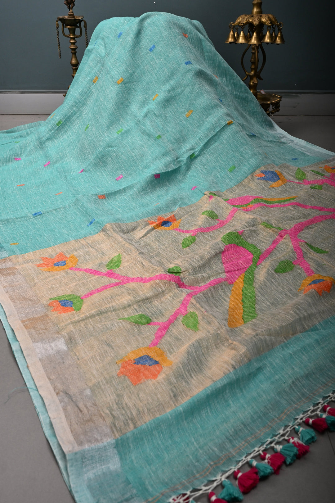 Sea Green Handloom Linen Saree with Woven Tree of Life Bird Motif Pallu | SHOBITAM