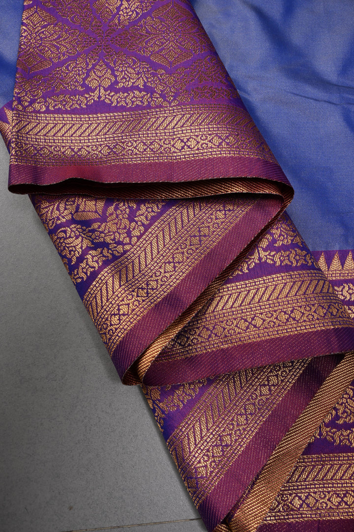 Blue Dual tone Kanchi Semi Silk Saree with Zari Buttas and Contrast Zari Border | SHOBITAM