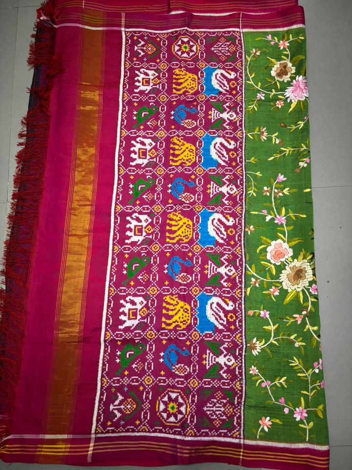 Authentic Double Ikkat Patan Patola Handwoven Saree in Deep Mehendi Green  with Parsi Gara Full Jaal Hand Embroidery and Reddish Pink Border | SILK MARK CERTIFIED | SHOBITAM