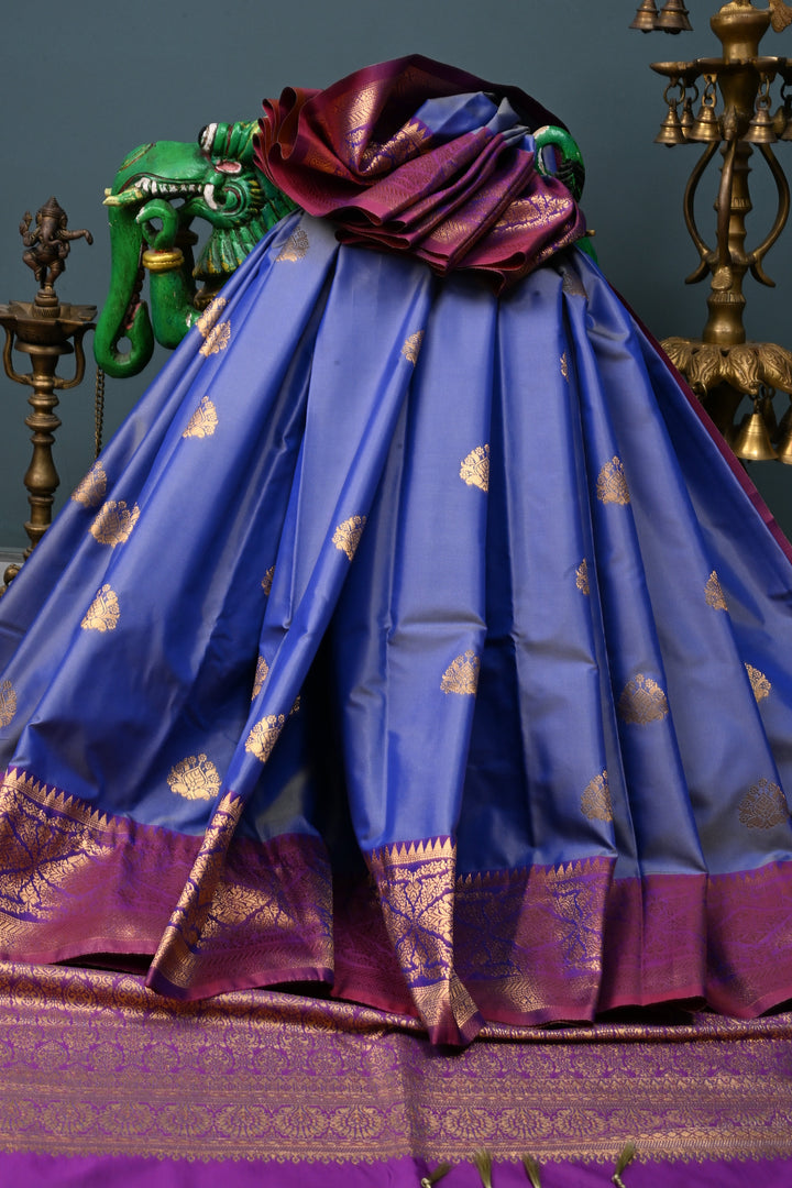 Blue Dual tone Kanchi Semi Silk Saree with Zari Buttas and Contrast Zari Border | SHOBITAM