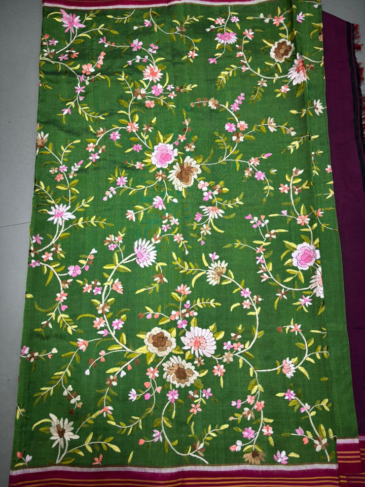 Authentic Double Ikkat Patan Patola Handwoven Saree in Deep Mehendi Green  with Parsi Gara Full Jaal Hand Embroidery and Reddish Pink Border | SILK MARK CERTIFIED | SHOBITAM