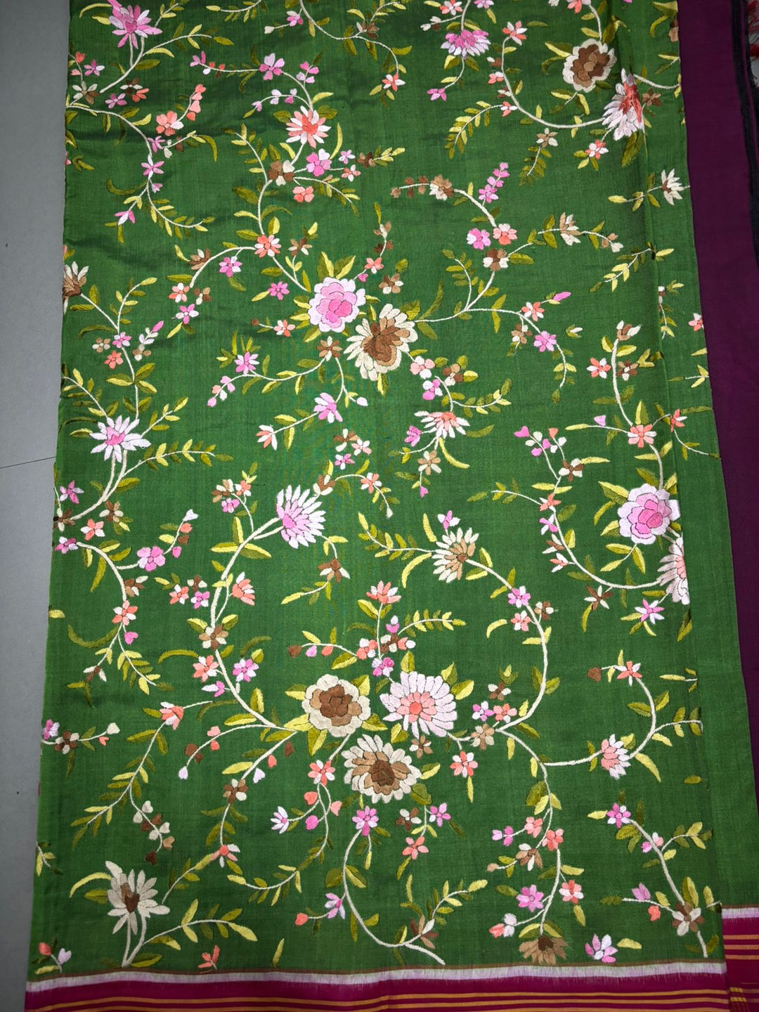 Authentic Double Ikkat Patan Patola Handwoven Saree in Deep Mehendi Green  with Parsi Gara Full Jaal Hand Embroidery and Reddish Pink Border | SILK MARK CERTIFIED | SHOBITAM