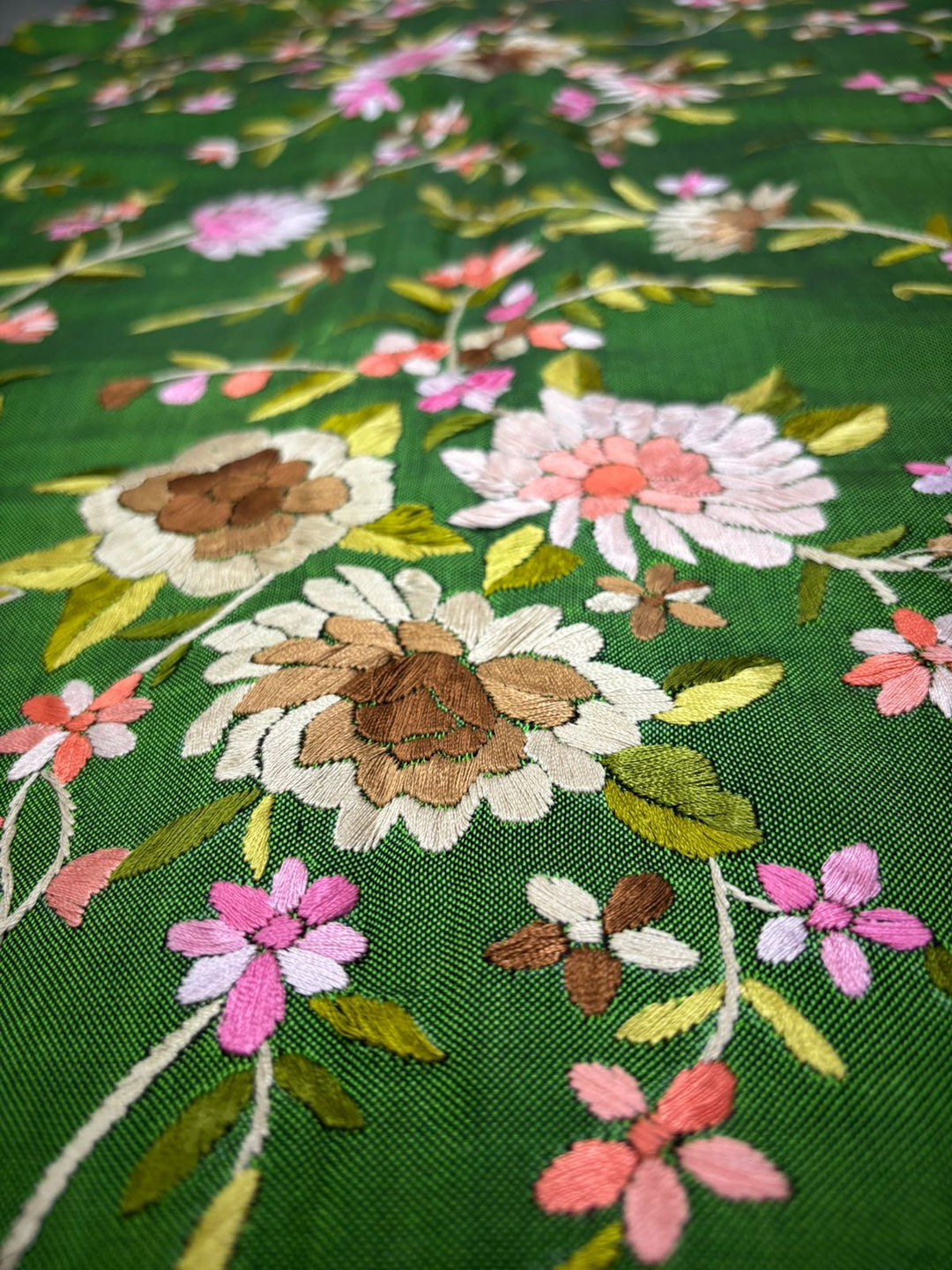 Authentic Double Ikkat Patan Patola Handwoven Saree in Deep Mehendi Green  with Parsi Gara Full Jaal Hand Embroidery and Reddish Pink Border | SILK MARK CERTIFIED | SHOBITAM