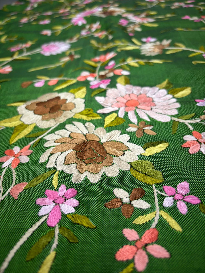 Authentic Double Ikkat Patan Patola Handwoven Saree in Deep Mehendi Green  with Parsi Gara Full Jaal Hand Embroidery and Reddish Pink Border | SILK MARK CERTIFIED | SHOBITAM