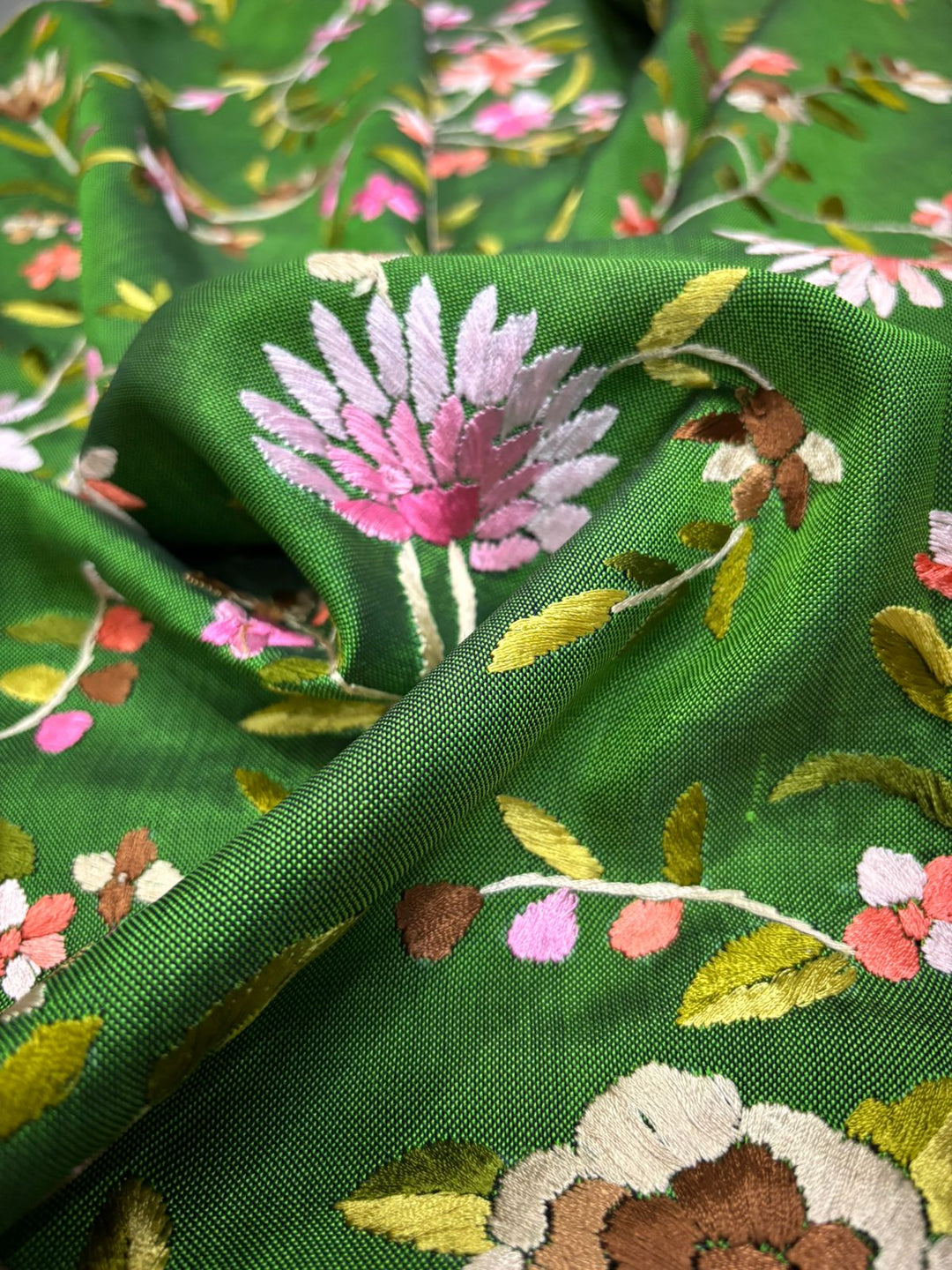 Authentic Double Ikkat Patan Patola Handwoven Saree in Deep Mehendi Green  with Parsi Gara Full Jaal Hand Embroidery and Reddish Pink Border | SILK MARK CERTIFIED | SHOBITAM