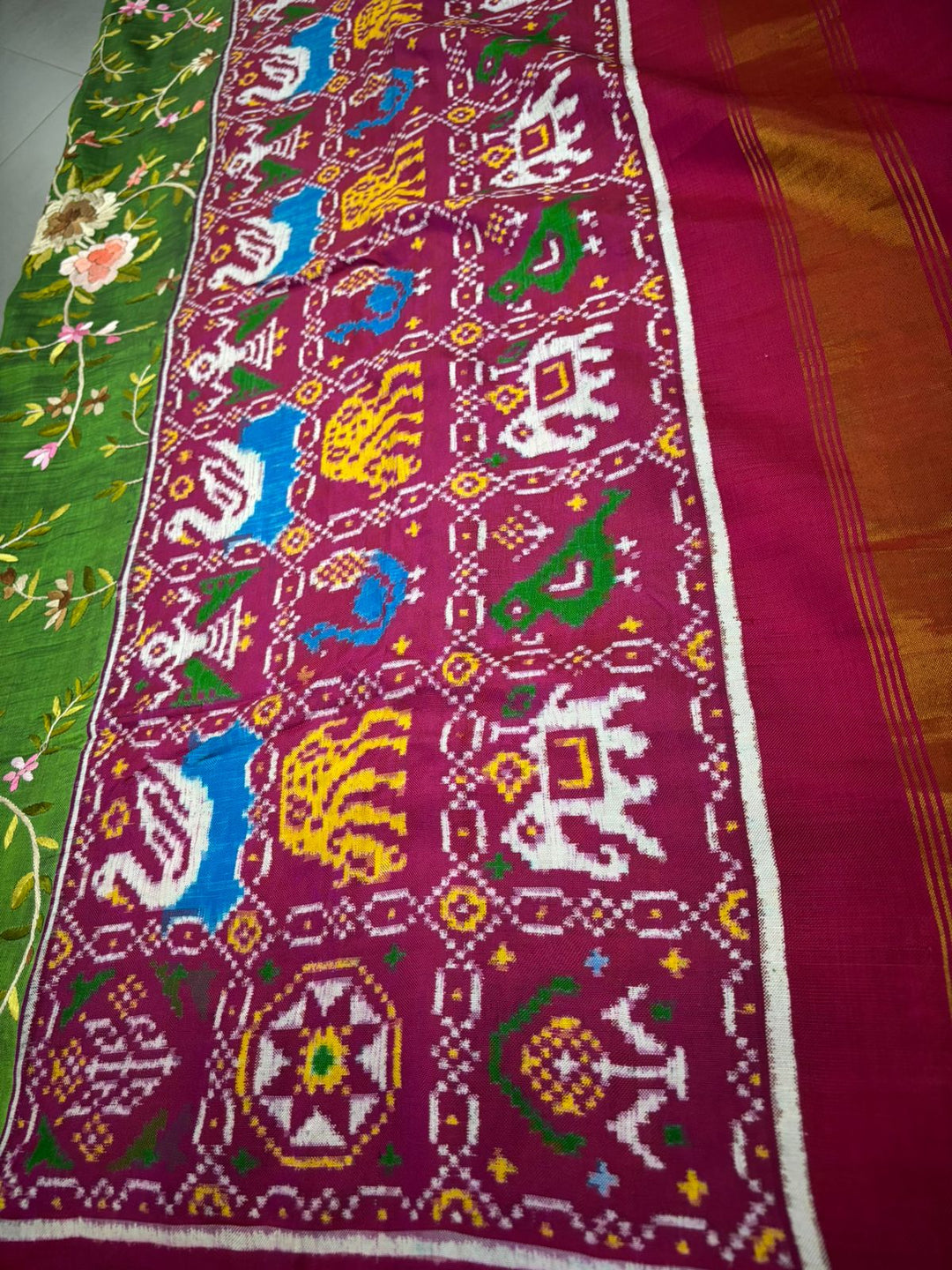 Authentic Double Ikkat Patan Patola Handwoven Saree in Deep Mehendi Green  with Parsi Gara Full Jaal Hand Embroidery and Reddish Pink Border | SILK MARK CERTIFIED | SHOBITAM