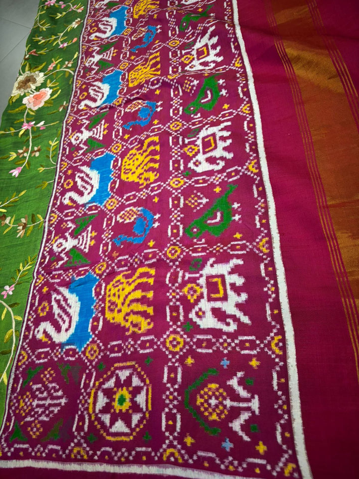 Authentic Double Ikkat Patan Patola Handwoven Saree in Deep Mehendi Green  with Parsi Gara Full Jaal Hand Embroidery and Reddish Pink Border | SILK MARK CERTIFIED | SHOBITAM