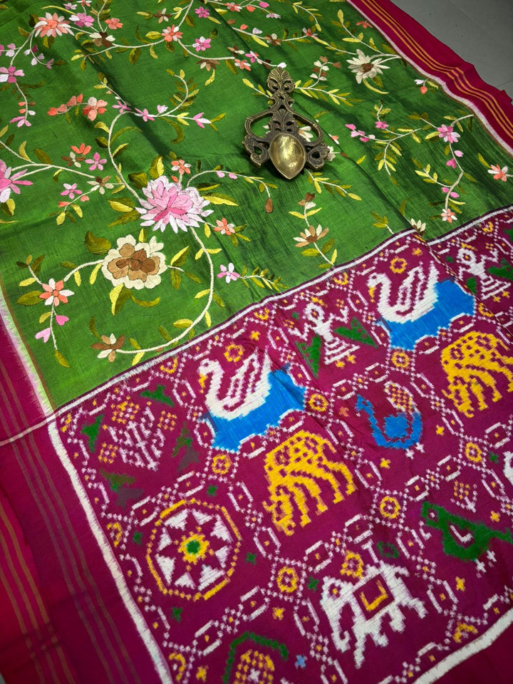 Authentic Double Ikkat Patan Patola Handwoven Saree in Deep Mehendi Green  with Parsi Gara Full Jaal Hand Embroidery and Reddish Pink Border | SILK MARK CERTIFIED | SHOBITAM