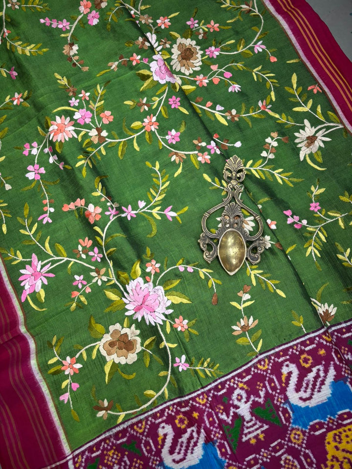 Authentic Double Ikkat Patan Patola Handwoven Saree in Deep Mehendi Green  with Parsi Gara Full Jaal Hand Embroidery and Reddish Pink Border | SILK MARK CERTIFIED | SHOBITAM