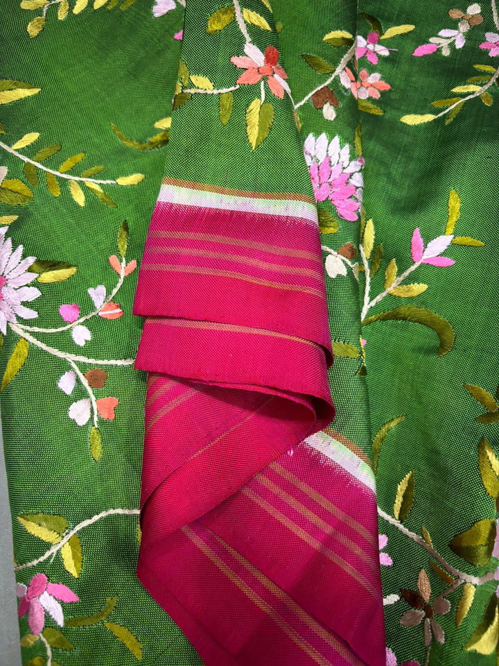 Authentic Double Ikkat Patan Patola Handwoven Saree in Deep Mehendi Green  with Parsi Gara Full Jaal Hand Embroidery and Reddish Pink Border | SILK MARK CERTIFIED | SHOBITAM