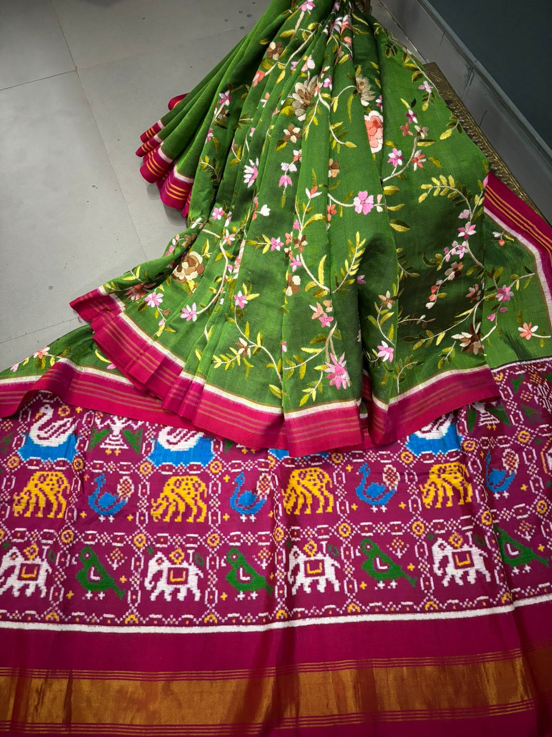 Authentic Double Ikkat Patan Patola Handwoven Saree in Deep Mehendi Green  with Parsi Gara Full Jaal Hand Embroidery and Reddish Pink Border | SILK MARK CERTIFIED | SHOBITAM
