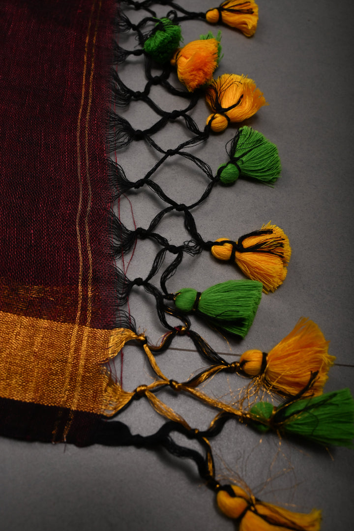 Maroon Handloom Linen with Paithani Border Saree | SHOBITAM
