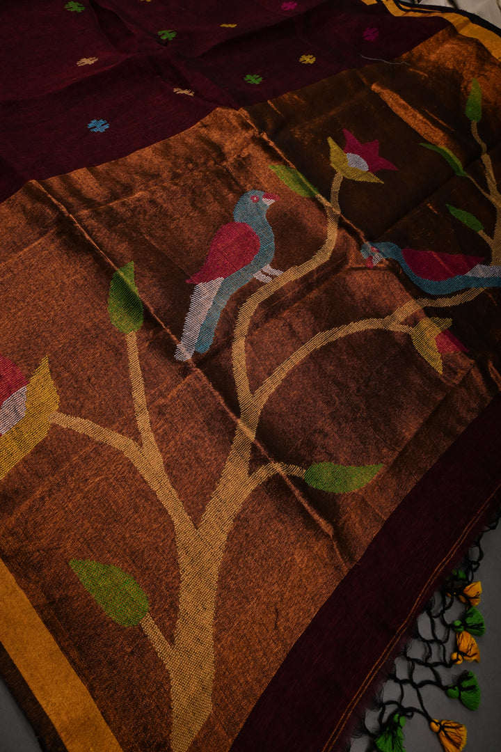 Maroon Handloom Linen with Paithani Border Saree | SHOBITAM