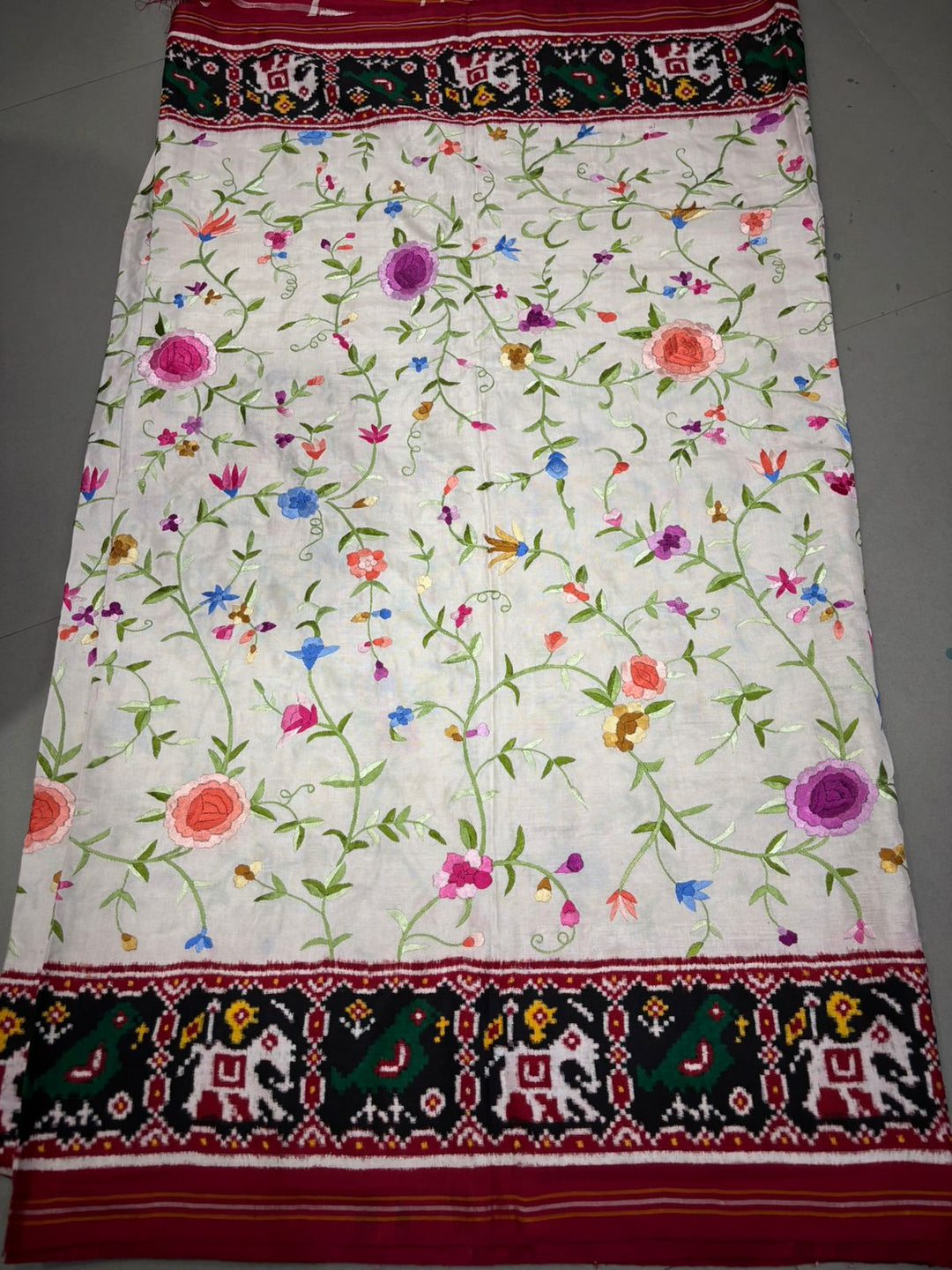 Authentic Double Ikkat Patan Patola Handwoven Saree in Off White with Parsi Gara Hand Embroidery and Patli Pallu   | SILK MARK CERTIFIED | SHOBITAM