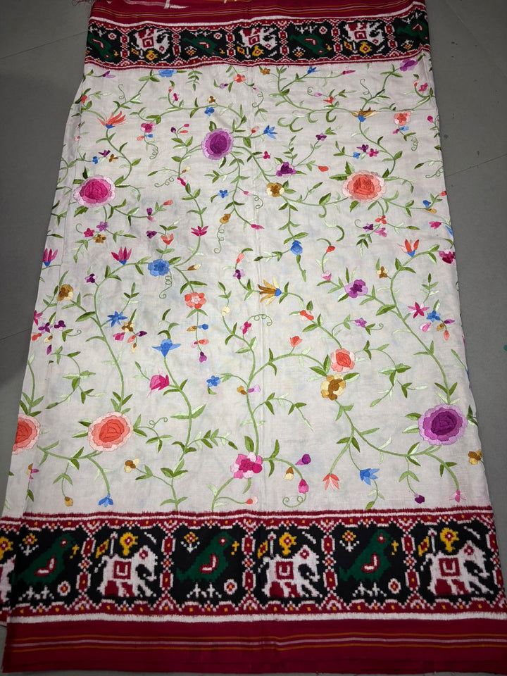 Authentic Double Ikkat Patan Patola Handwoven Saree in Off White with Parsi Gara Hand Embroidery and Patli Pallu   | SILK MARK CERTIFIED | SHOBITAM