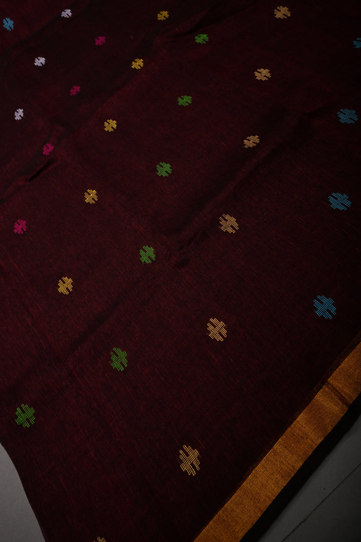 Maroon Handloom Linen with Paithani Border Saree | SHOBITAM