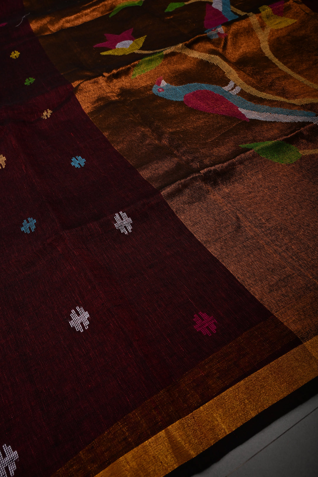 Maroon Handloom Linen with Paithani Border Saree | SHOBITAM