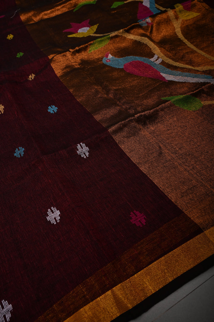 Maroon Handloom Linen with Paithani Border Saree | SHOBITAM
