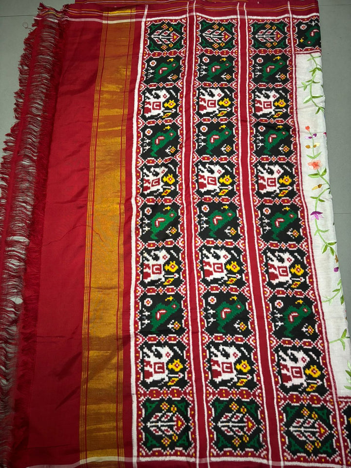 Authentic Double Ikkat Patan Patola Handwoven Saree in Off White with Parsi Gara Hand Embroidery and Patli Pallu   | SILK MARK CERTIFIED | SHOBITAM