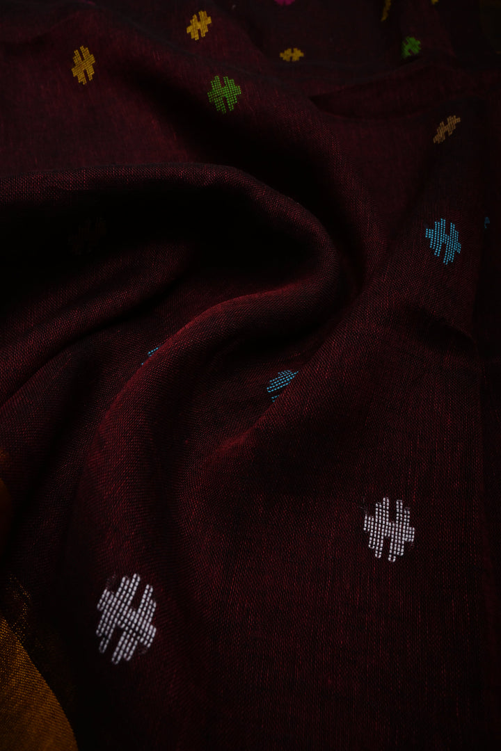 Maroon Handloom Linen with Paithani Border Saree | SHOBITAM