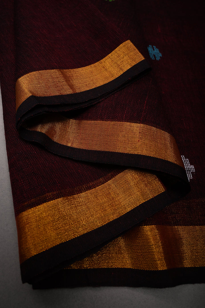 Maroon Handloom Linen with Paithani Border Saree | SHOBITAM