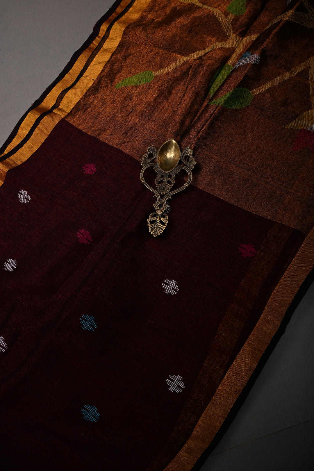Maroon Handloom Linen with Paithani Border Saree | SHOBITAM