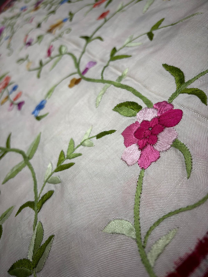 Authentic Double Ikkat Patan Patola Handwoven Saree in Off White with Parsi Gara Hand Embroidery and Patli Pallu   | SILK MARK CERTIFIED | SHOBITAM