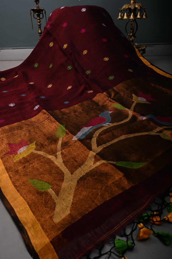 Maroon Handloom Linen with Paithani Border Saree | SHOBITAM