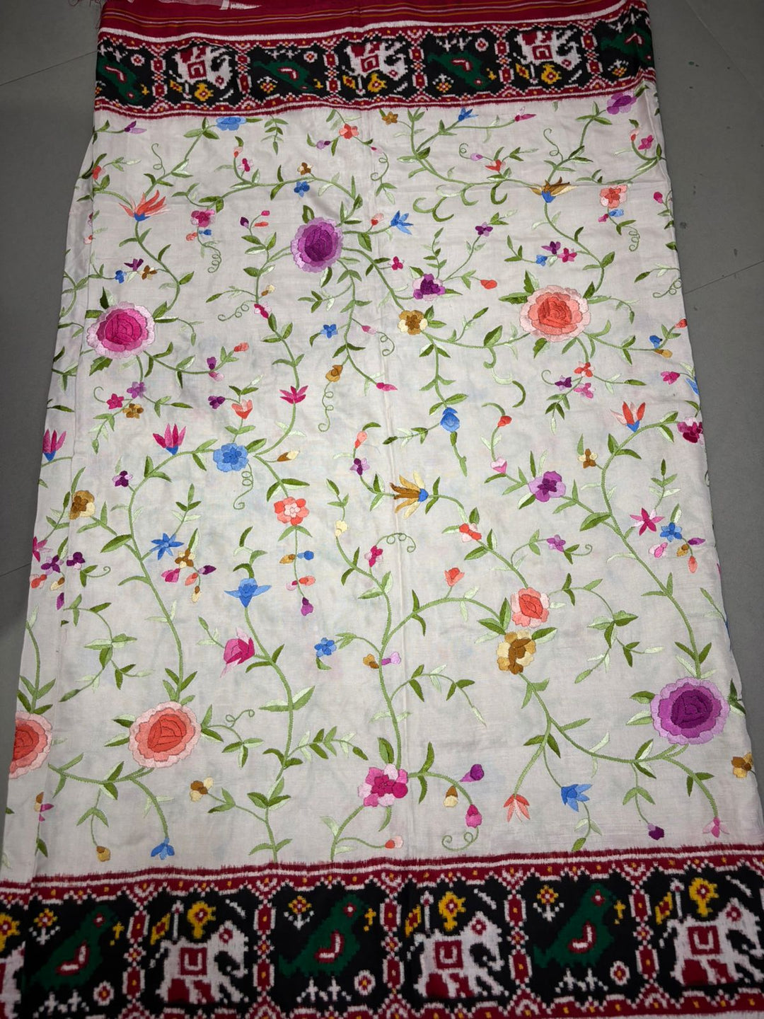 Authentic Double Ikkat Patan Patola Handwoven Saree in Off White with Parsi Gara Hand Embroidery and Patli Pallu   | SILK MARK CERTIFIED | SHOBITAM