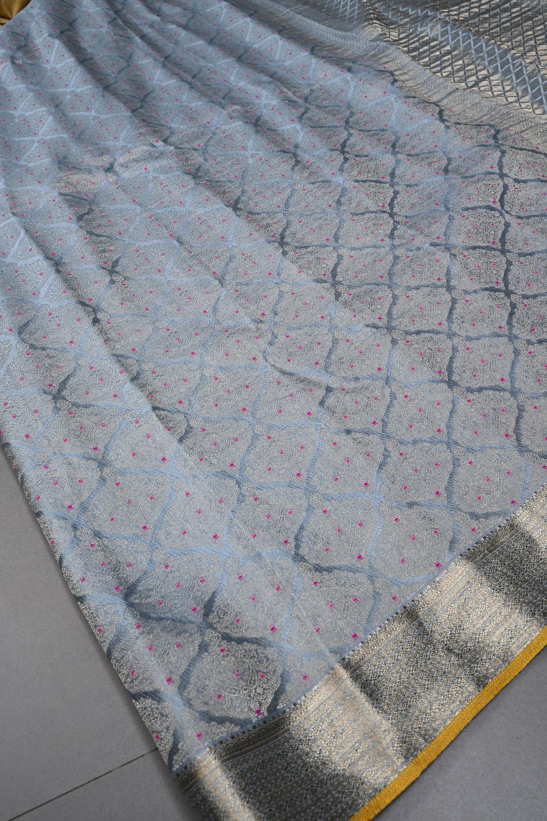 Powder Blue Mysore Silk Saree with Meenakari Floral Brocade and Zari Border in KSIC Grade Thickness | SILK MARK CERTIFIED | SHOBITAM