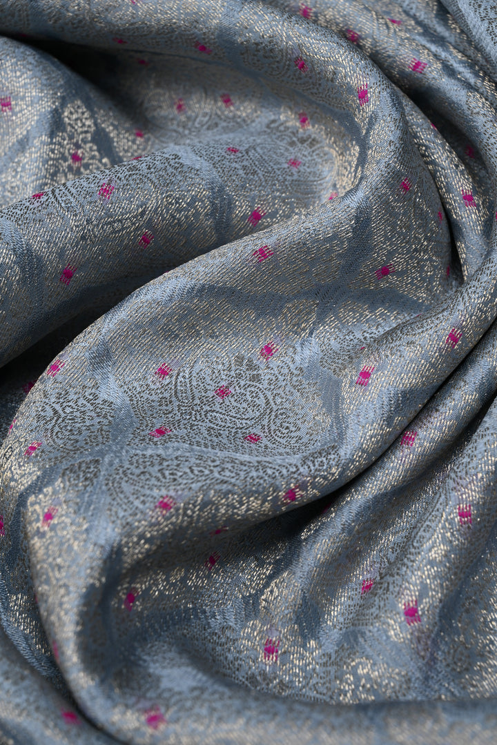 Powder Blue Mysore Silk Saree with Meenakari Floral Brocade and Zari Border in KSIC Grade Thickness | SILK MARK CERTIFIED | SHOBITAM