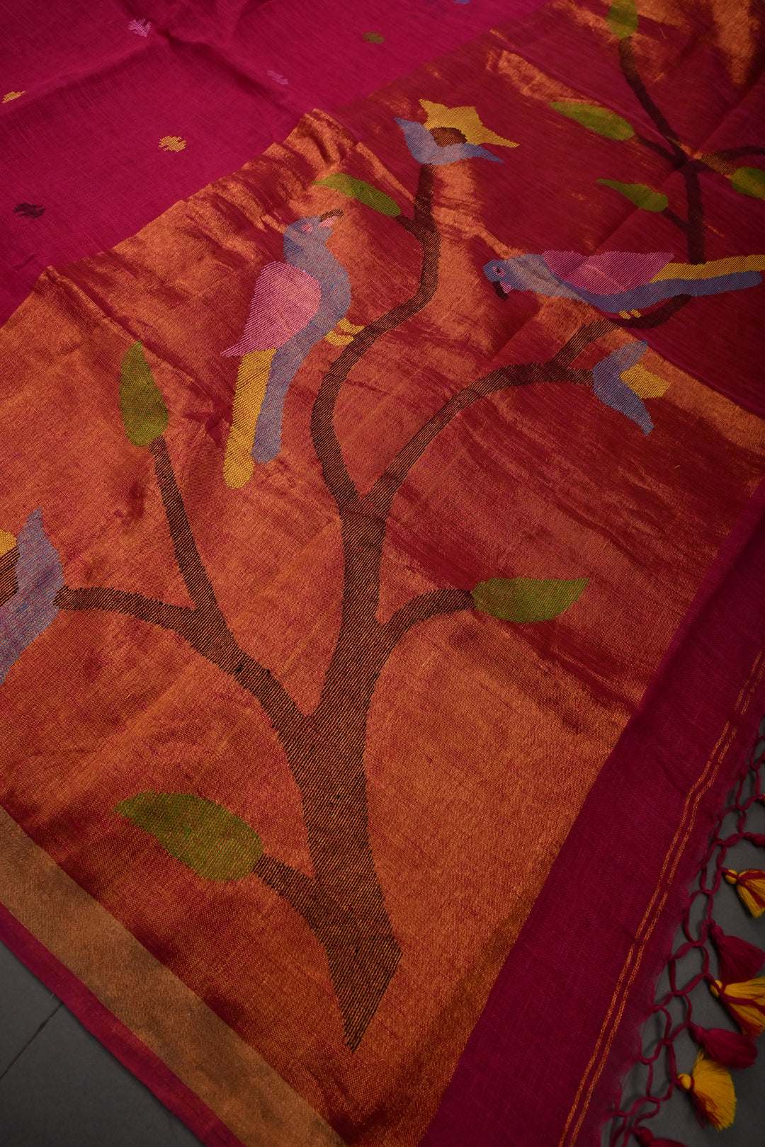 Rani Pink Handloom Linen with Paithani Border Saree | SHOBITAM