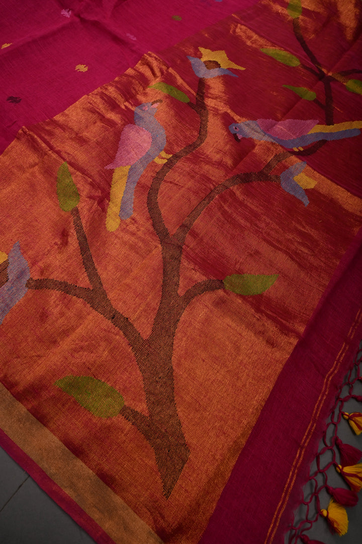 Rani Pink Handloom Linen with Paithani Border Saree | SHOBITAM