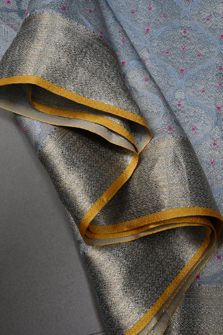 Powder Blue Mysore Silk Saree with Meenakari Floral Brocade and Zari Border in KSIC Grade Thickness | SILK MARK CERTIFIED | SHOBITAM