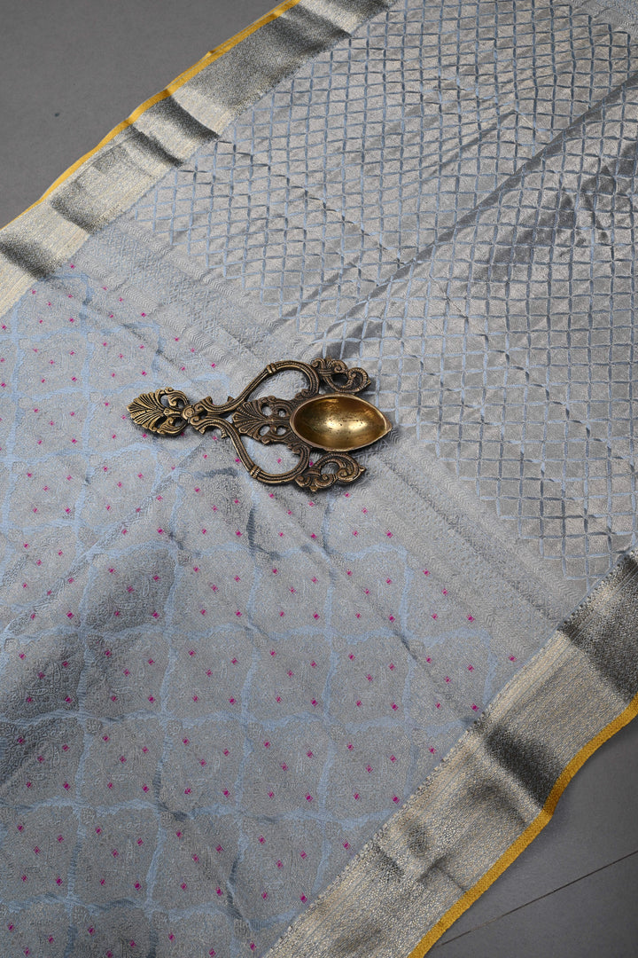 Powder Blue Mysore Silk Saree with Meenakari Floral Brocade and Zari Border in KSIC Grade Thickness | SILK MARK CERTIFIED | SHOBITAM