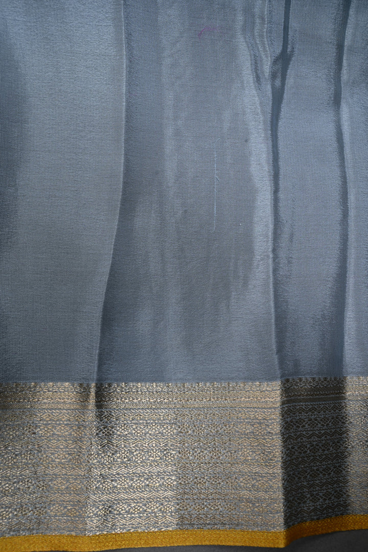 Powder Blue Mysore Silk Saree with Meenakari Floral Brocade and Zari Border in KSIC Grade Thickness | SILK MARK CERTIFIED | SHOBITAM