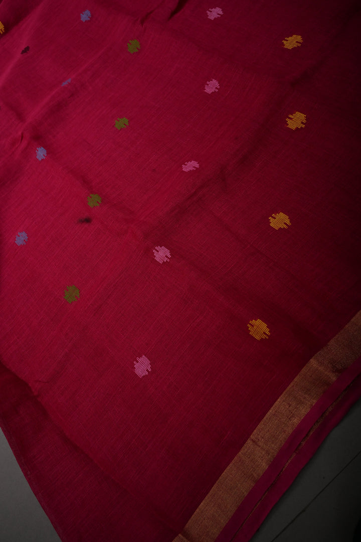 Rani Pink Handloom Linen with Paithani Border Saree | SHOBITAM