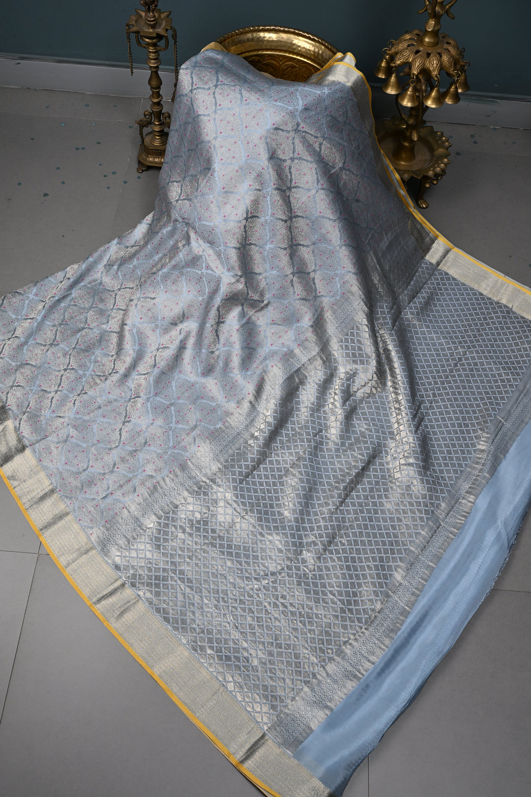 Powder Blue Mysore Silk Saree with Meenakari Floral Brocade and Zari Border in KSIC Grade Thickness | SILK MARK CERTIFIED | SHOBITAM