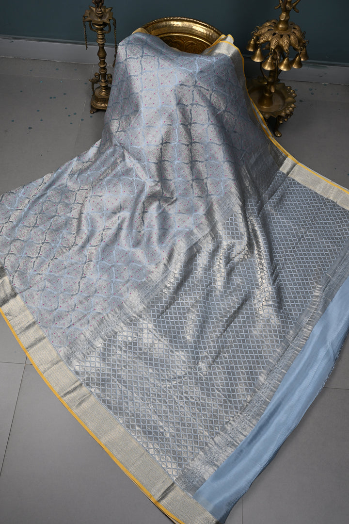 Powder Blue Mysore Silk Saree with Meenakari Floral Brocade and Zari Border in KSIC Grade Thickness | SILK MARK CERTIFIED | SHOBITAM
