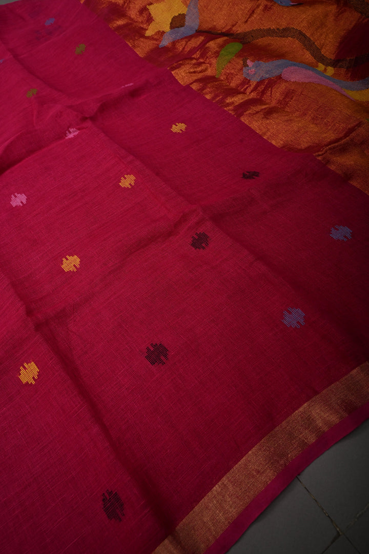 Rani Pink Handloom Linen with Paithani Border Saree | SHOBITAM