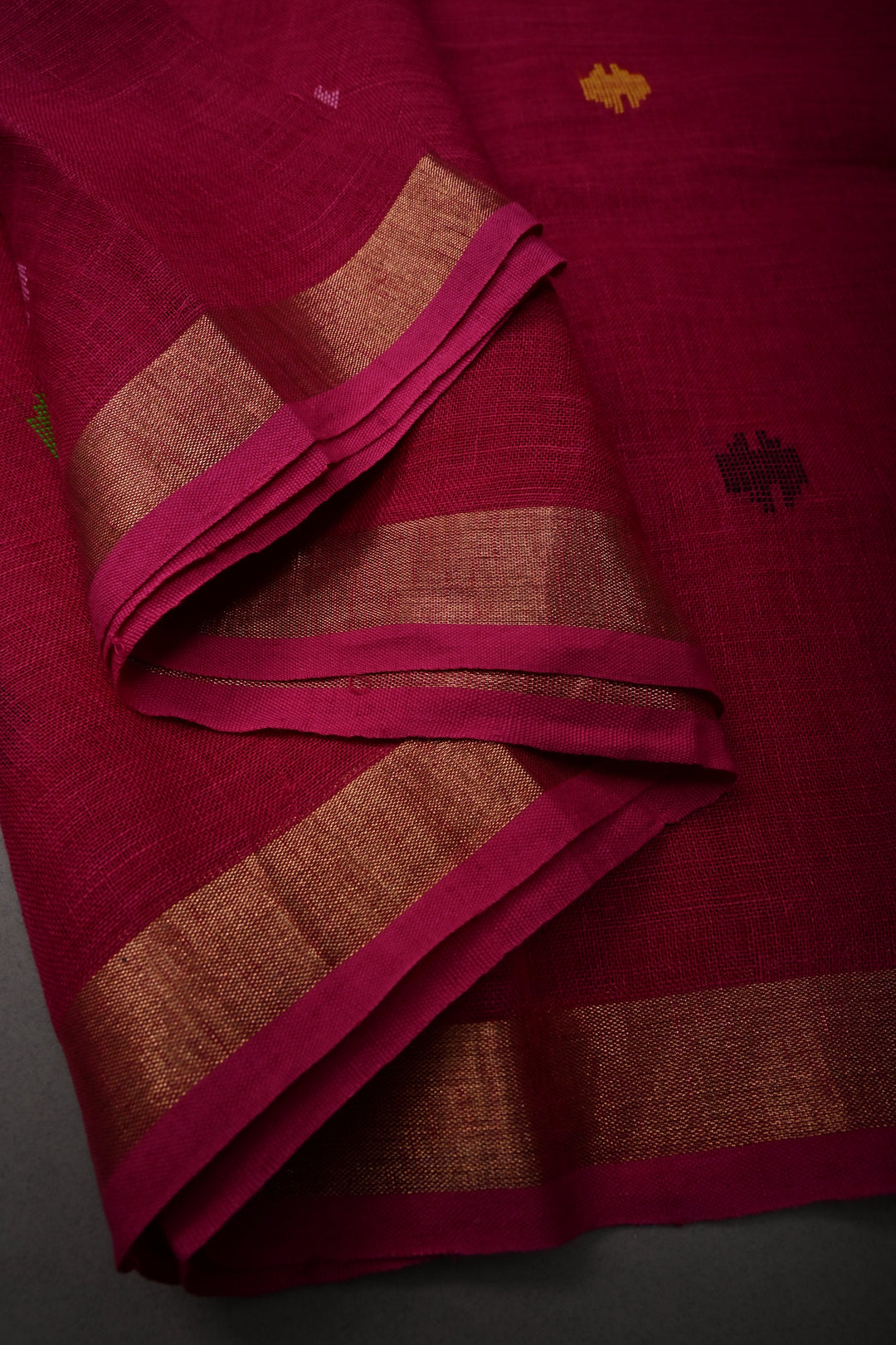 Rani Pink Handloom Linen with Paithani Border Saree | SHOBITAM