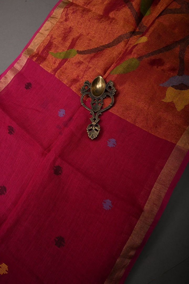 Rani Pink Handloom Linen with Paithani Border Saree | SHOBITAM