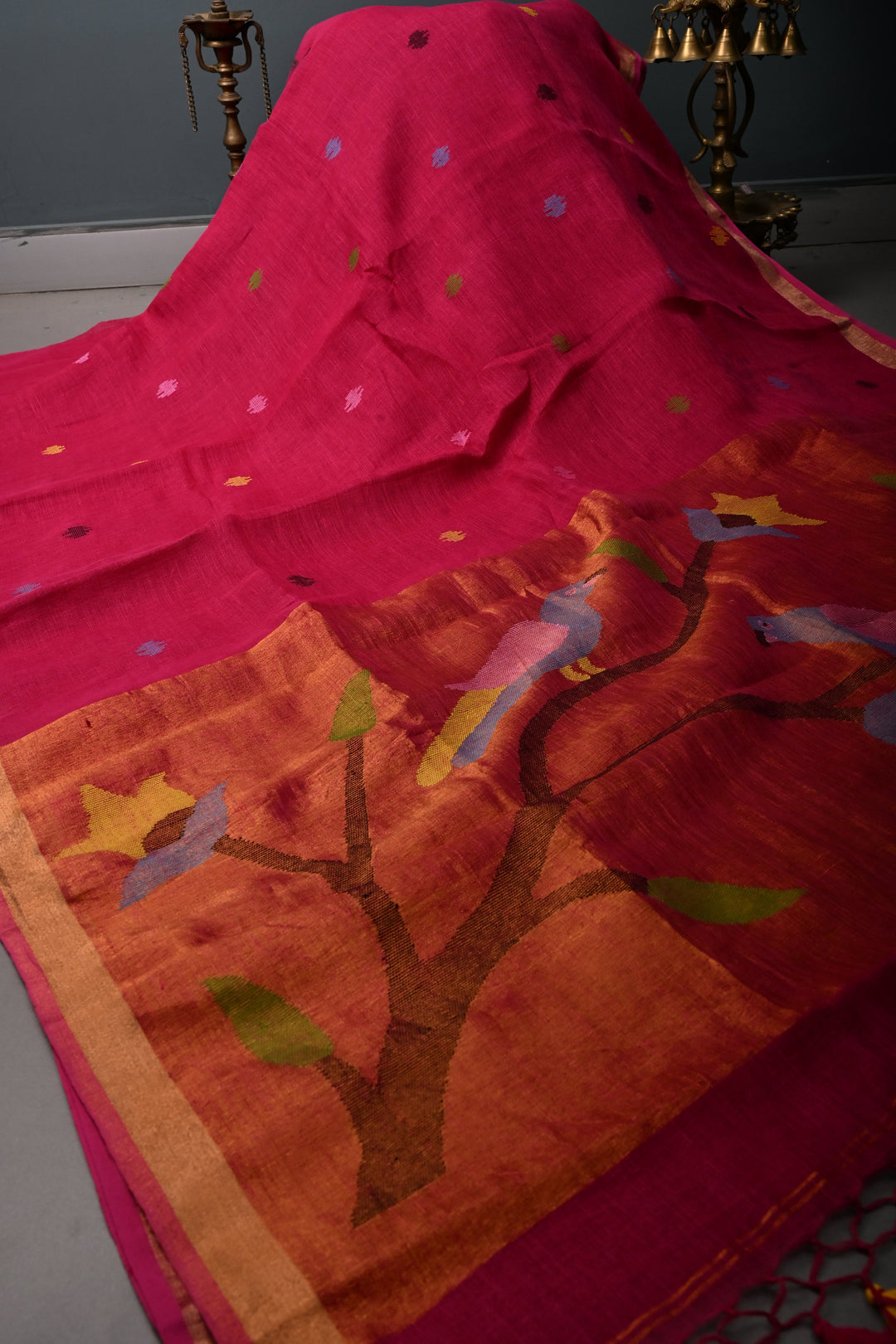 Rani Pink Handloom Linen with Paithani Border Saree | SHOBITAM